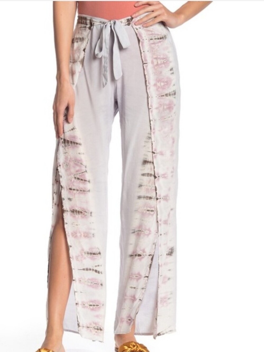 Young Fabulous And Broke Tie-Dye Side-Slit Linen Blend Pants - Light Gray/Pink